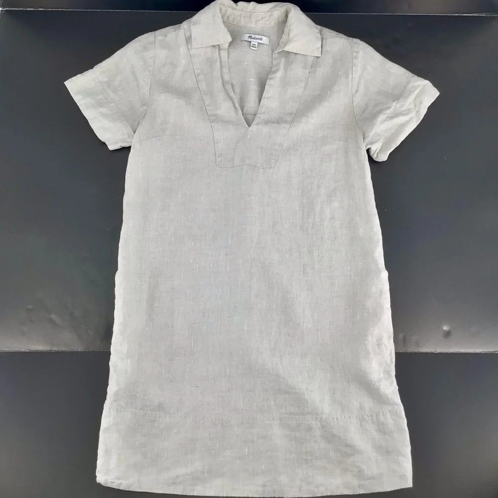 Madewell V-neck Palma Mini Dress in 100% Linen Natural Undyed nq627 Size XXS - Picture 2 of 13